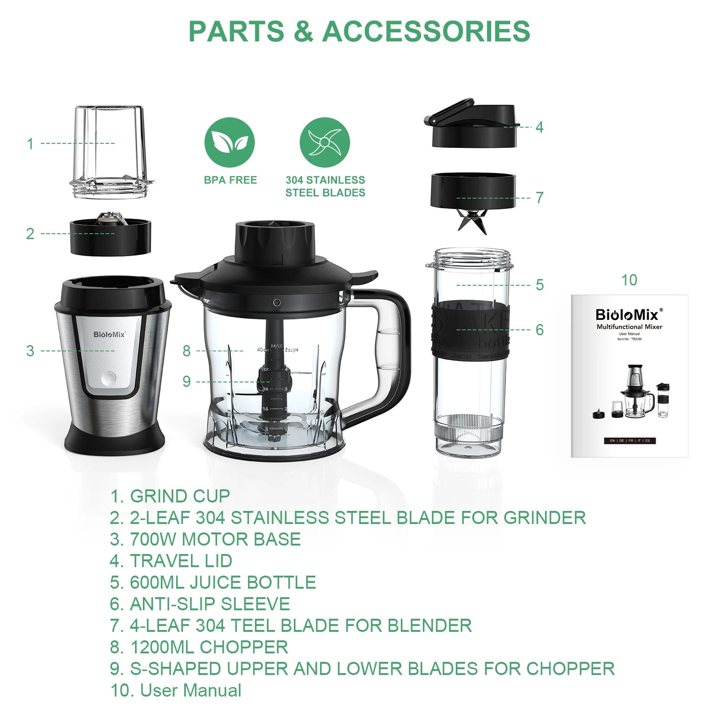 BioloMix 700W 3-in-1 Multifunctional Portable Food Processor Juicer Blender Smoothie Mixer Food Chopper Dry Grinder for Kitchen
