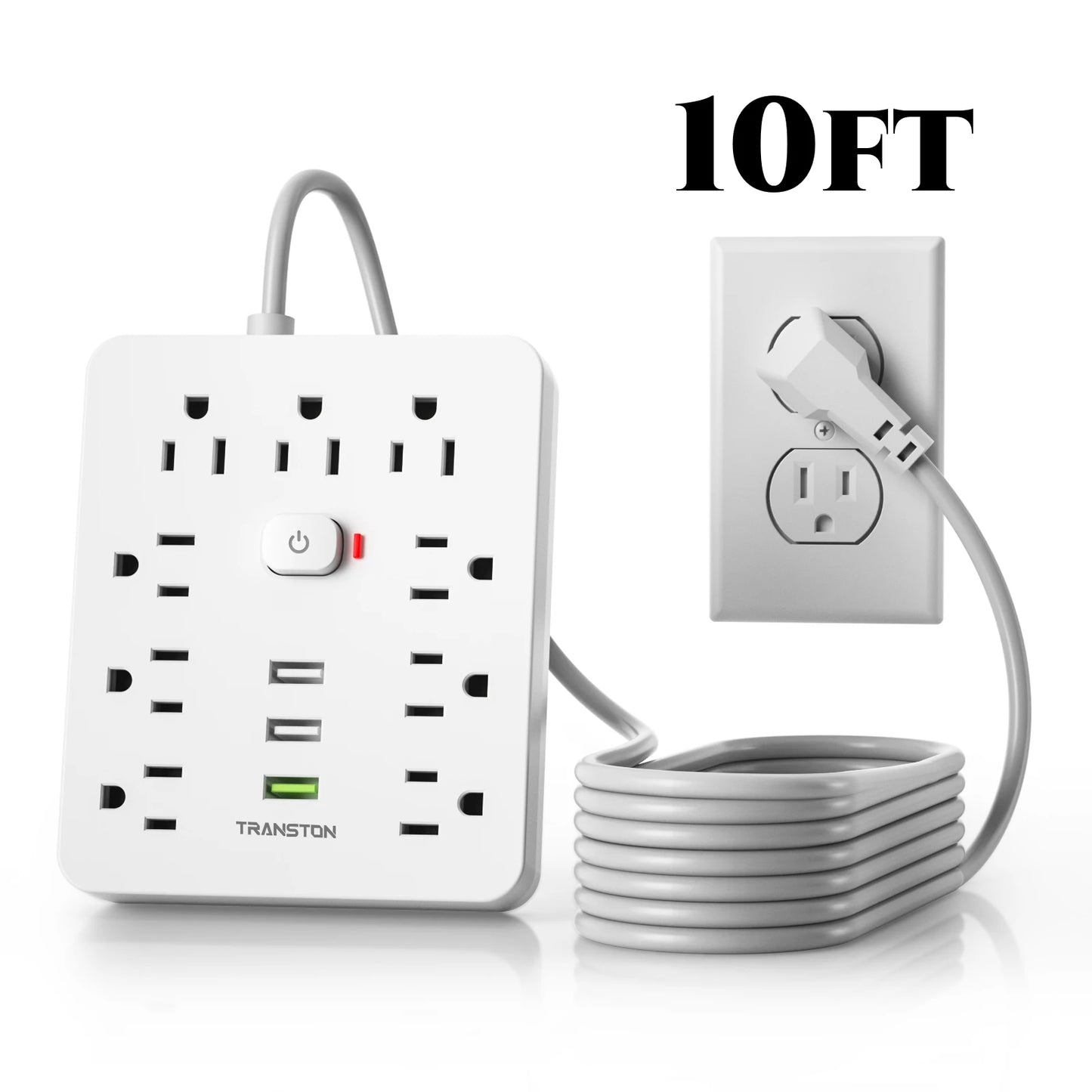 power strip Power Outlet with Surge Protector, 9 ac, 3 USB Ports, 10-Foot Extension Cord, Quick Charge, for Home and Office