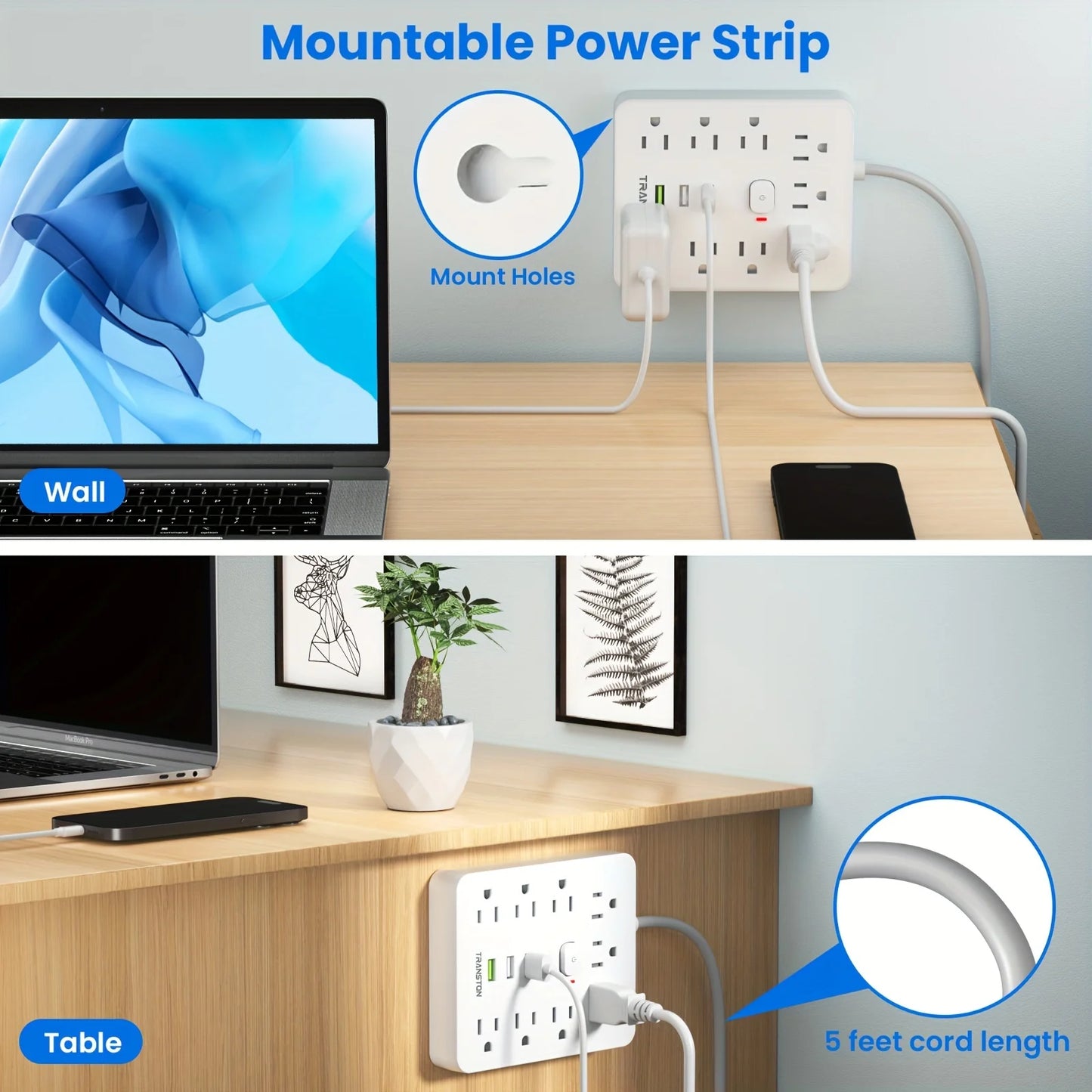 power strip Power Outlet with Surge Protector, 9 ac, 3 USB Ports, 10-Foot Extension Cord, Quick Charge, for Home and Office