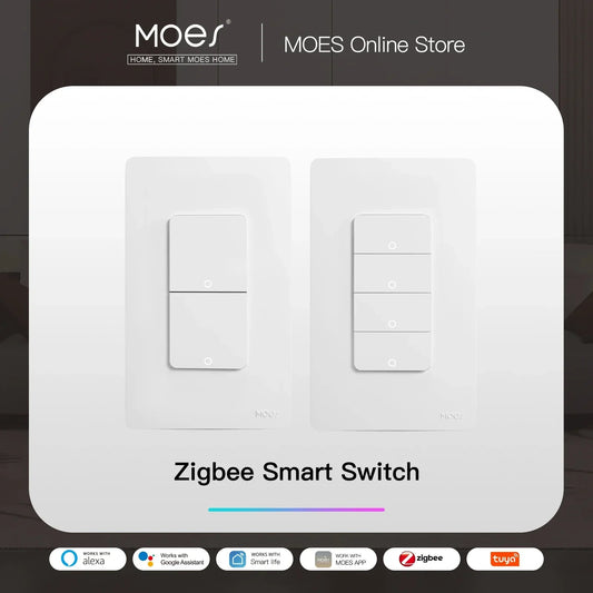MOES Tuya ZigBee Smart Light Switch US Push Button Work With Alexa Google Home Neutral Wire/No Neutral Wire Required