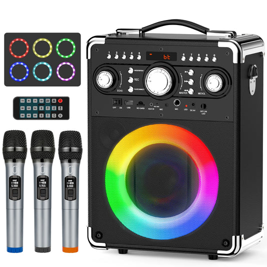 FanFun Karaoke Machine with 3 Mics&DJ Disco Ball Light, Portable Bluetooth Speaker with LED Lights for Kids and Adults