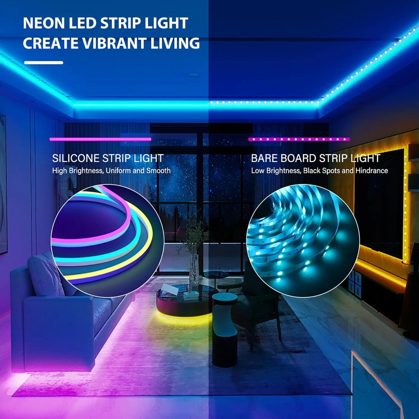 10M/5M/3M Neon WIFI RGB Led Strip Lights Outdoor Waterproof with Music Sync, 108leds/m DIY Tape with Remote and App