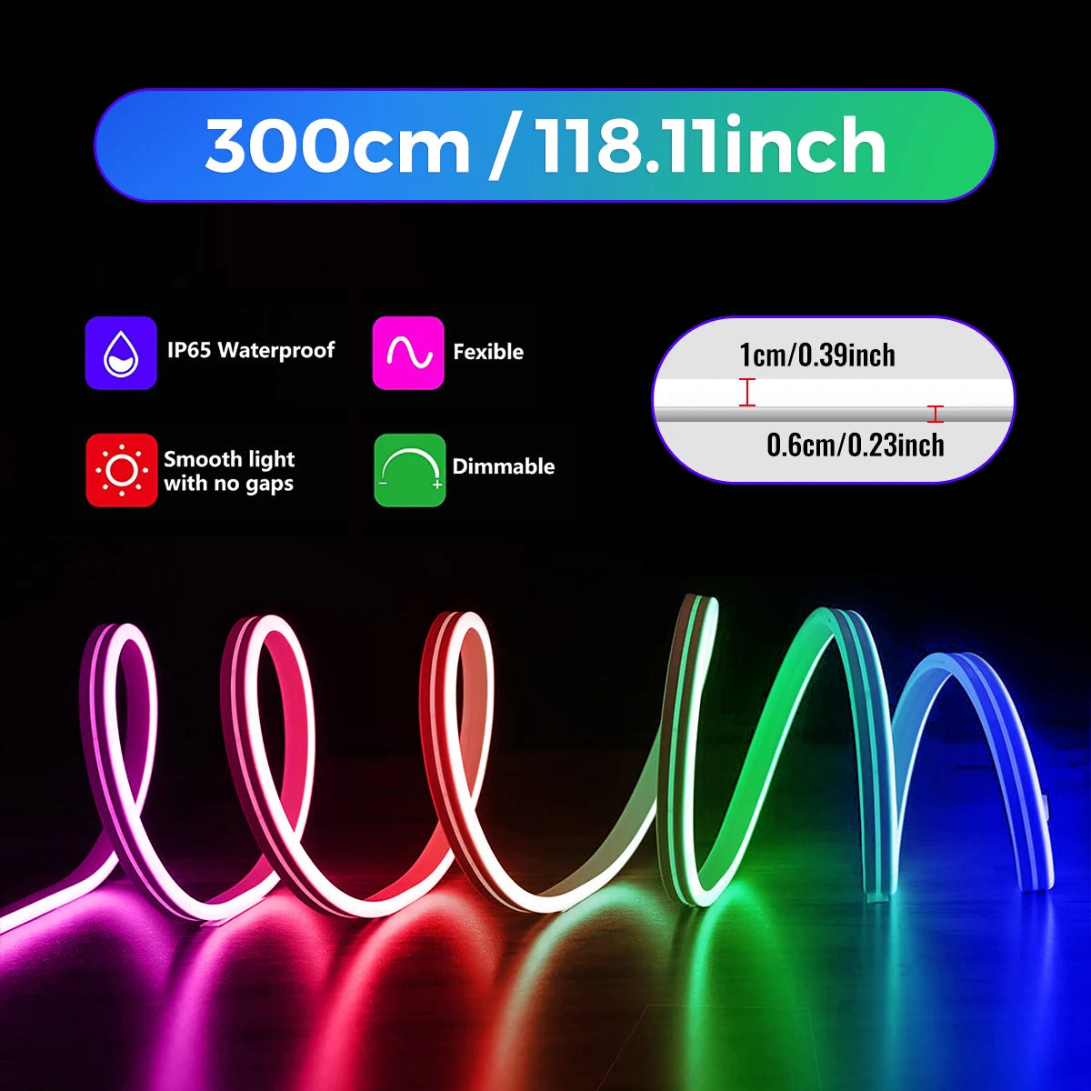 10M/5M/3M Neon WIFI RGB Led Strip Lights Outdoor Waterproof with Music Sync, 108leds/m DIY Tape with Remote and App