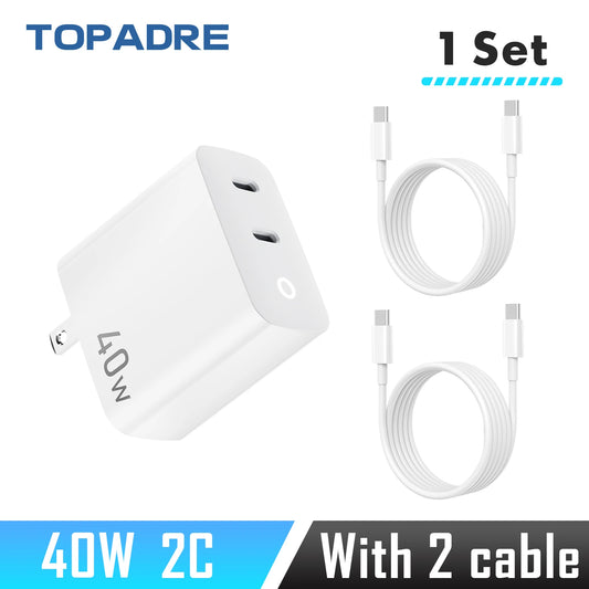 40W 2 Ports USB-C Type-C GaN Fast Charger with Charging Light, 3.3Ft Type-C Charging Cable For IPhone