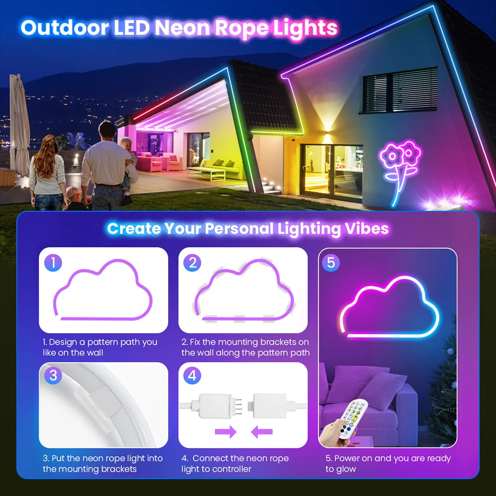 10M/5M/3M Neon WIFI RGB Led Strip Lights Outdoor Waterproof with Music Sync, 108leds/m DIY Tape with Remote and App