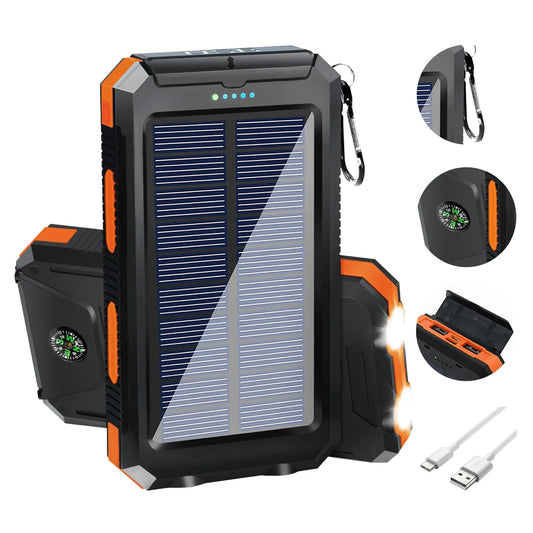 20000mAh Solar Power Bank Portable Charger Waterproof Dual 5V USB Ports 2 LED Light Flashlight For Cell IPhone Outdoor