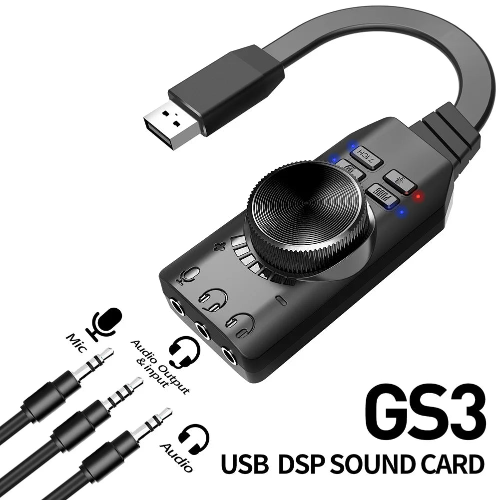 GS3 7.1 Channel Sound Card Converter Adapter External USB Audio Headset Audio Jack Cable Adapter Switch Volume for PC