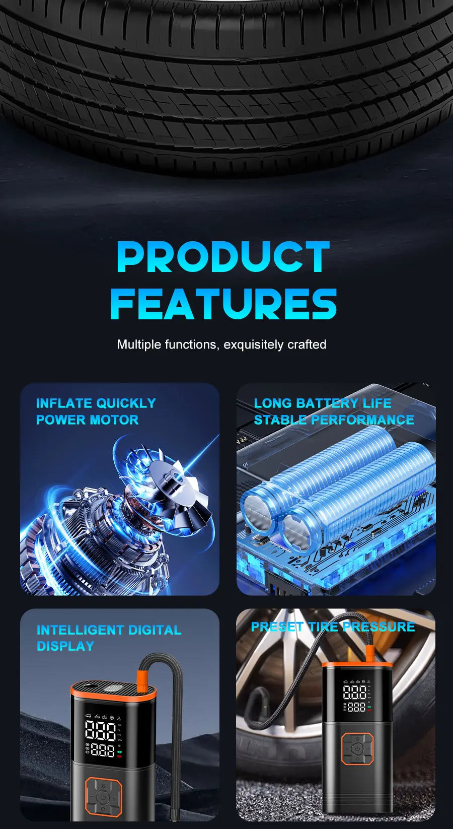 Digital Display Portable Tire Inzzator, USB Rechargeable Air Compressor for Car Bike Motorcycle Tires, Balls, Inflatable Toys