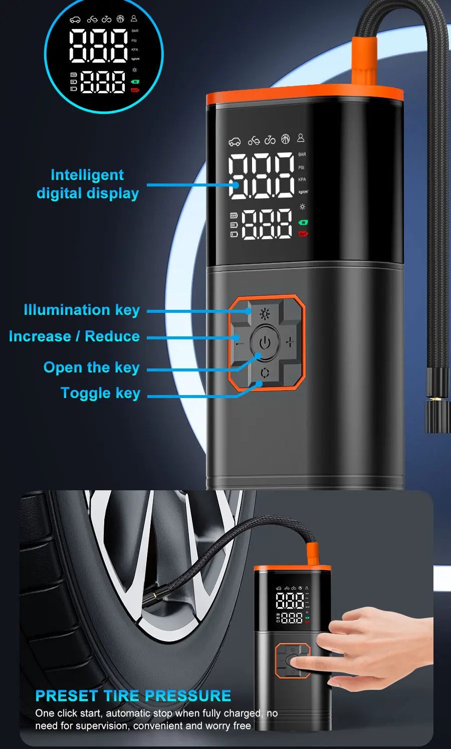 Digital Display Portable Tire Inzzator, USB Rechargeable Air Compressor for Car Bike Motorcycle Tires, Balls, Inflatable Toys