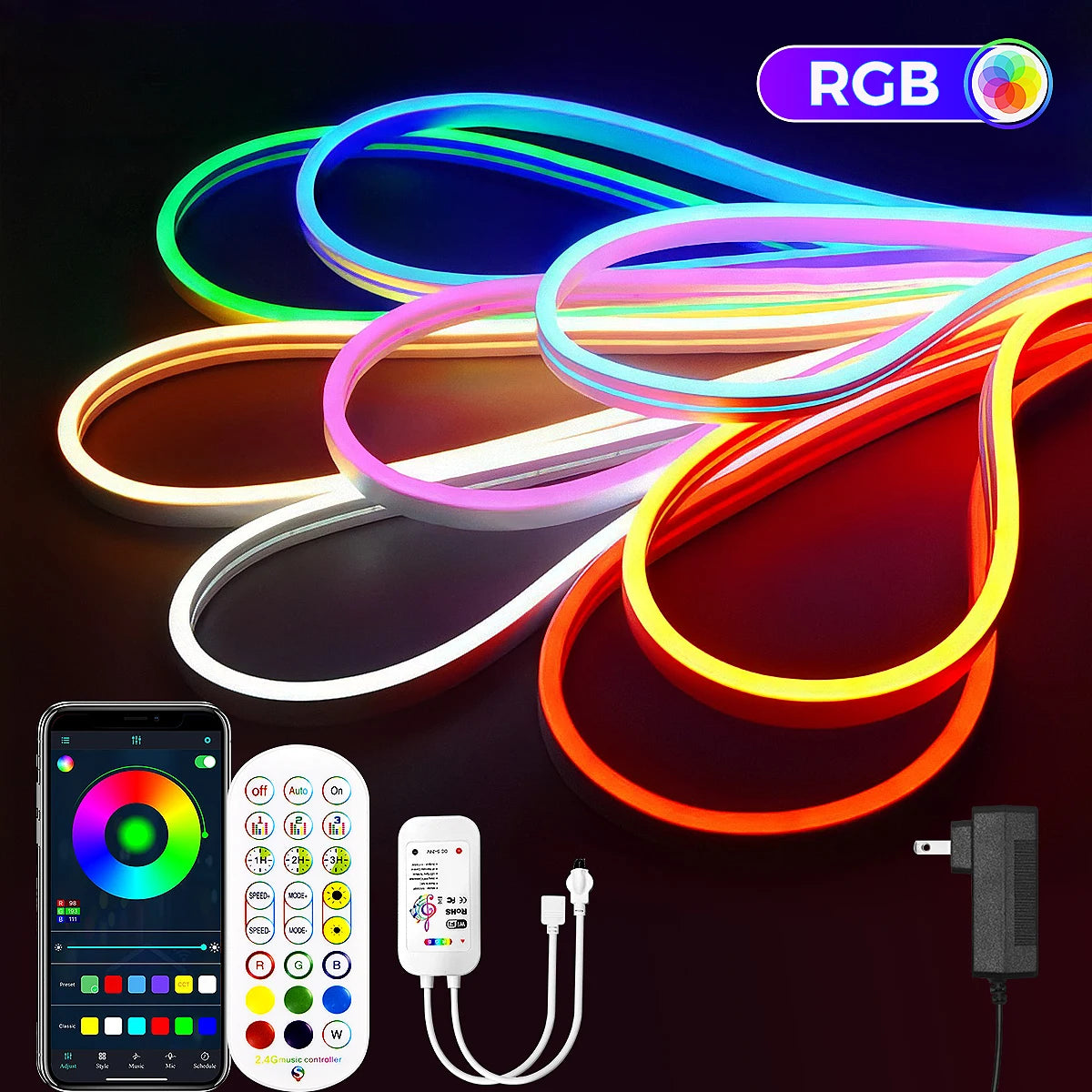 10M/5M/3M Neon WIFI RGB Led Strip Lights Outdoor Waterproof with Music Sync, 108leds/m DIY Tape with Remote and App